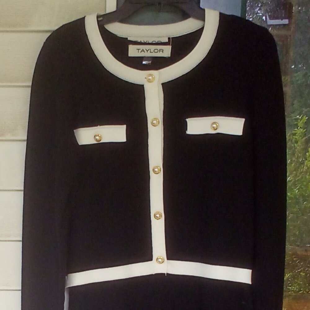 Taylor 2PC Black/Ivory Sweater Dress/Jacket Set Size: L - Picture 1 of 7